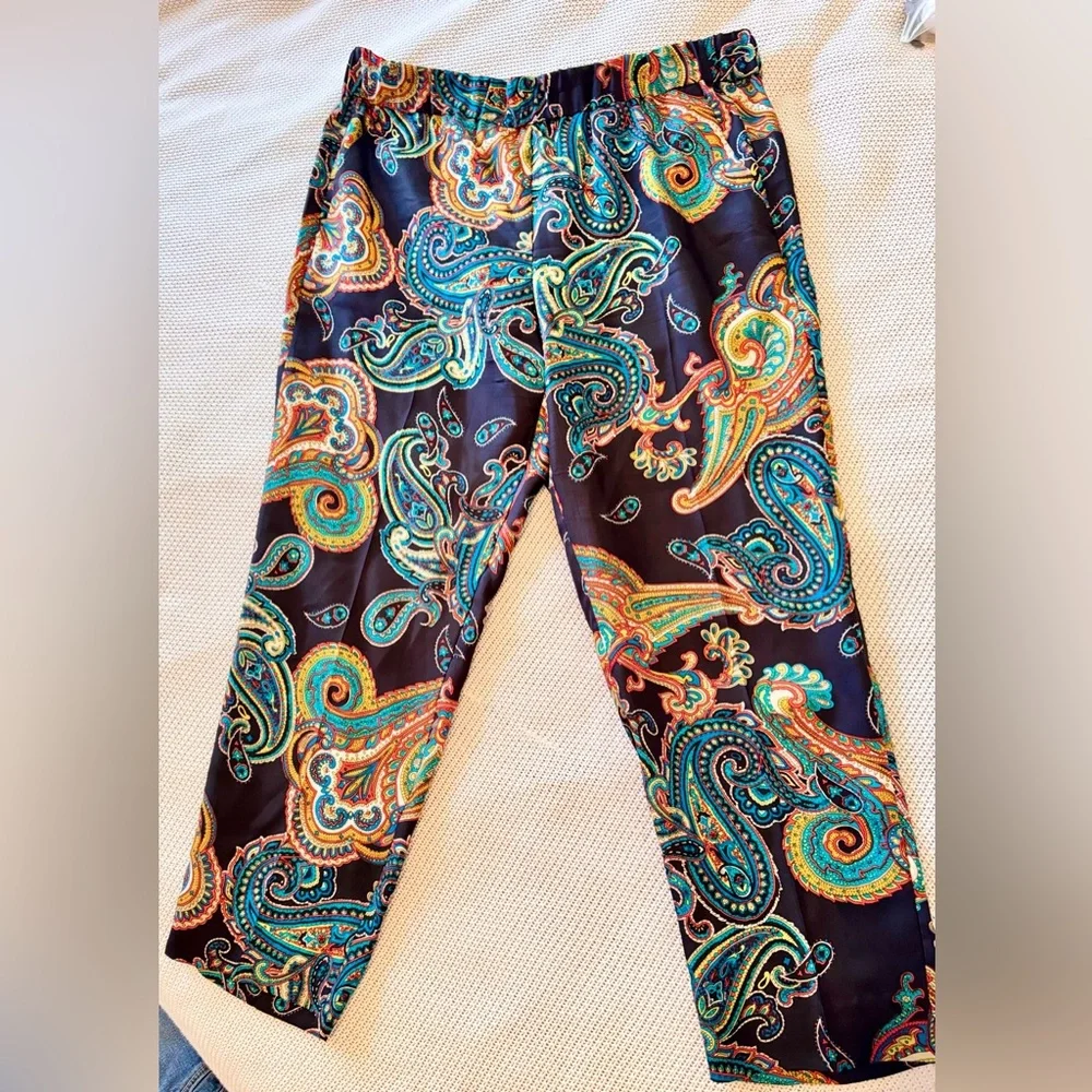 J. CREW 100% Silk Pull-On Pants Black Gold Blue Red Paisley w Pockets